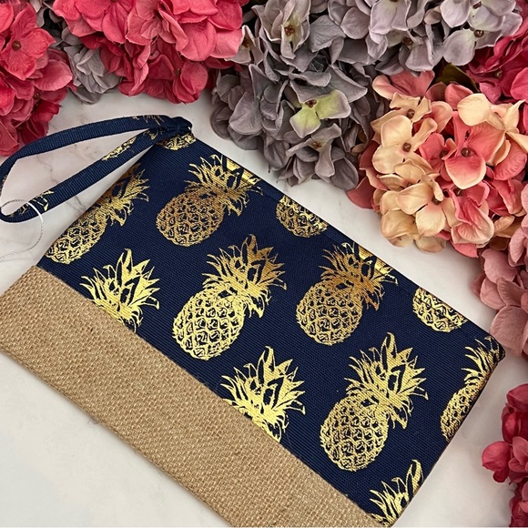 Navy Blue & Metallic Gold Pineapple Makeup Cosmetic Wristlet Clutch Bag - Picture 3 of 11